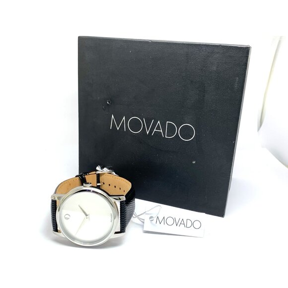 Movado Men's Watch 2100001 Swiss Quartz Silver Dial Black Leather Band 39mm - Picture 3 of 14